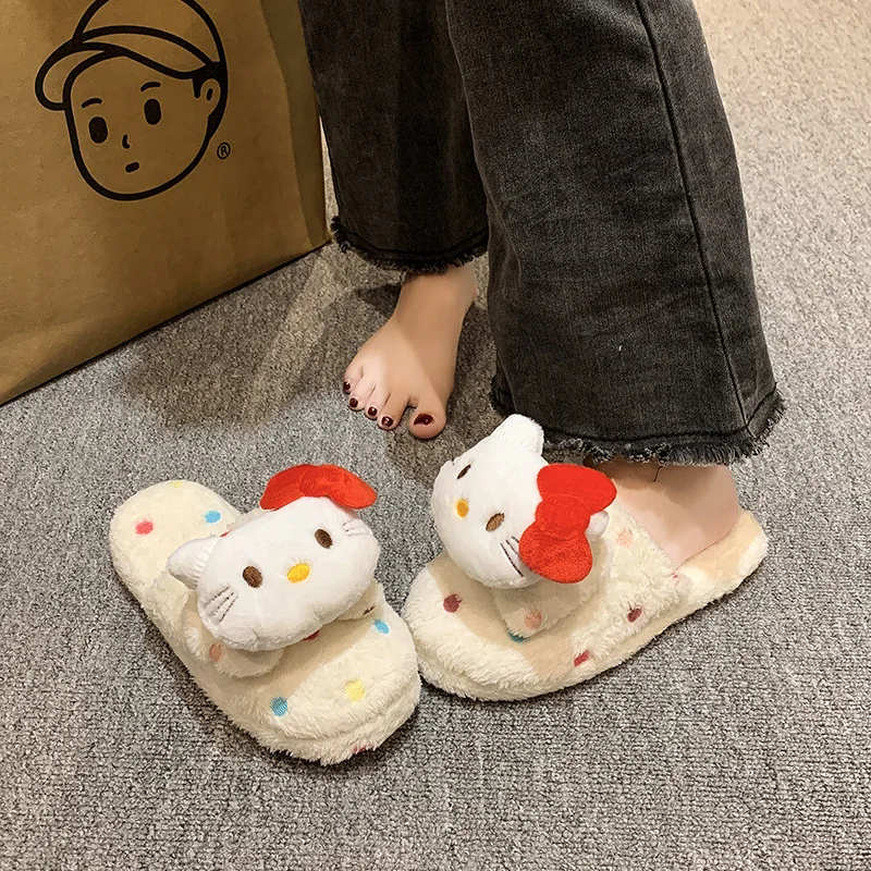 Sanrio autumn and winter Hello Kitty cute warm home women's shoes cartoon polka dot non-slip thick-soled plush cotton slippers