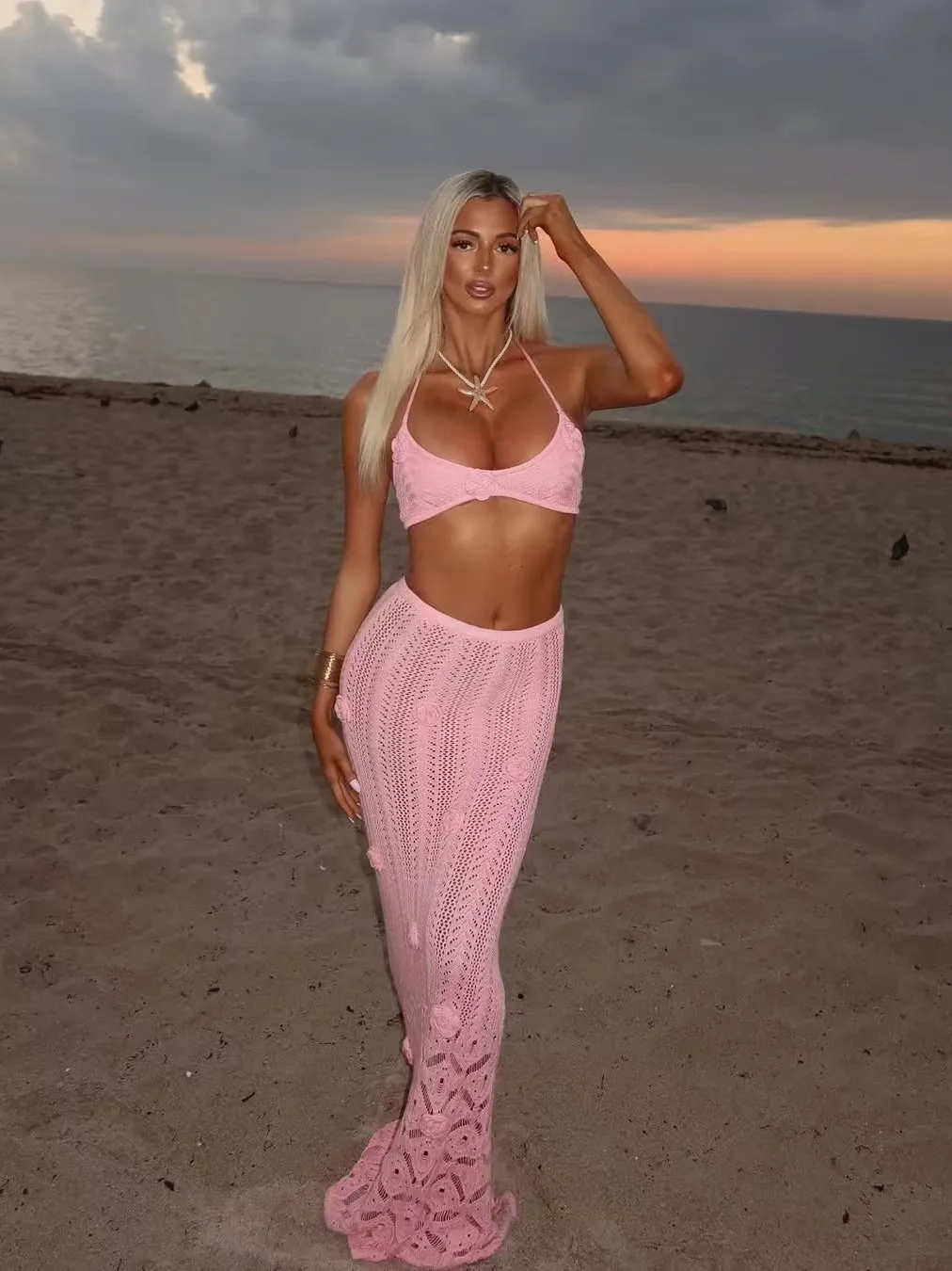 

Вязаный крючком цветочный галстук бикини из двух частей сексуальный пляжный купальник вязаная длинная юбка пляжная одежда отпуск Boho Playa пляжное платье