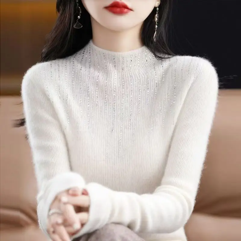 Maglione di lana slim fit con abbellimento di diamanti per donna Strato base lavabile irt Office Sle Abbigliamento interno lavorato a maglia