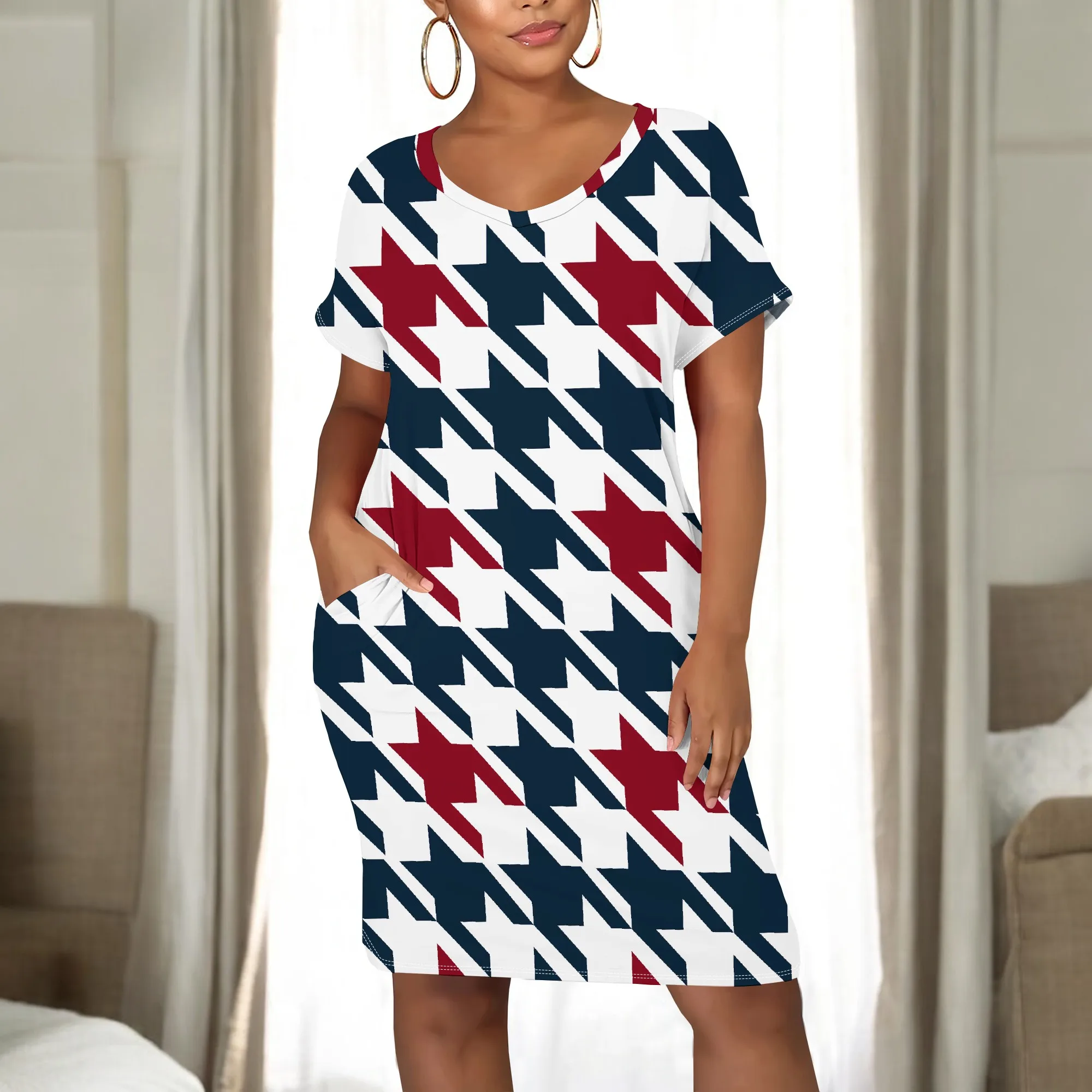

Women's Short Sleeve Round NeckWomen Fashion Printed Split Hem Club Party Casual Midi Dress With Pocket