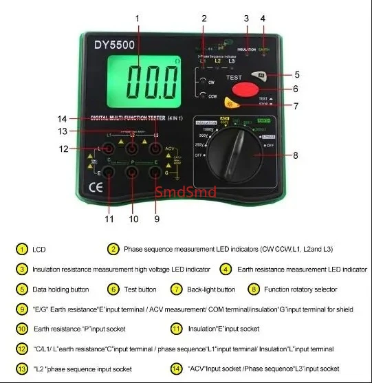 DY5500 Digital 4 in 1 Multi-function Tester Insulation Tester+Earth Tester+Voltmeter+Phase Indicator  0.01 to 2000ohms
