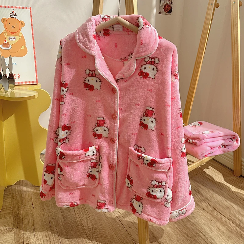 Sanrio Hello Kitty Women\'s Winter Pajamas Fleece Lapel Cardigan Homewear Two-piece Set Coral Fleece Thickened Warm Pajamas