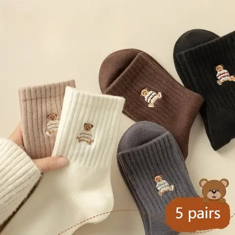 5 Pairs Soft Bear Embroidered Mid-Calf Socks Autumn Winter Cartoon Cute Women's Socks Thickened Girl School Socks Set Wholesale