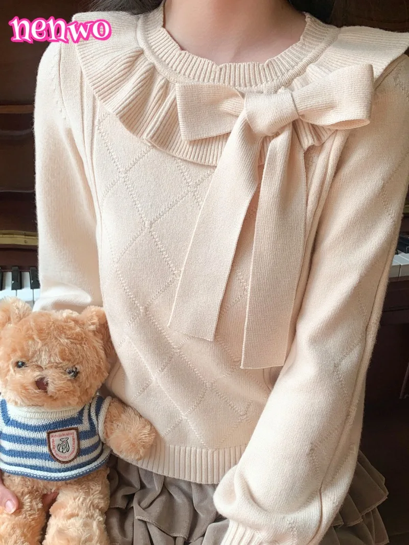 

Японский сладкий стиль Лолиты, вязаные пуловеры, женский кавайный свитер с оборками и бантом, круглым вырезом, осень-зима, женский милый трикотаж Y2k, топ