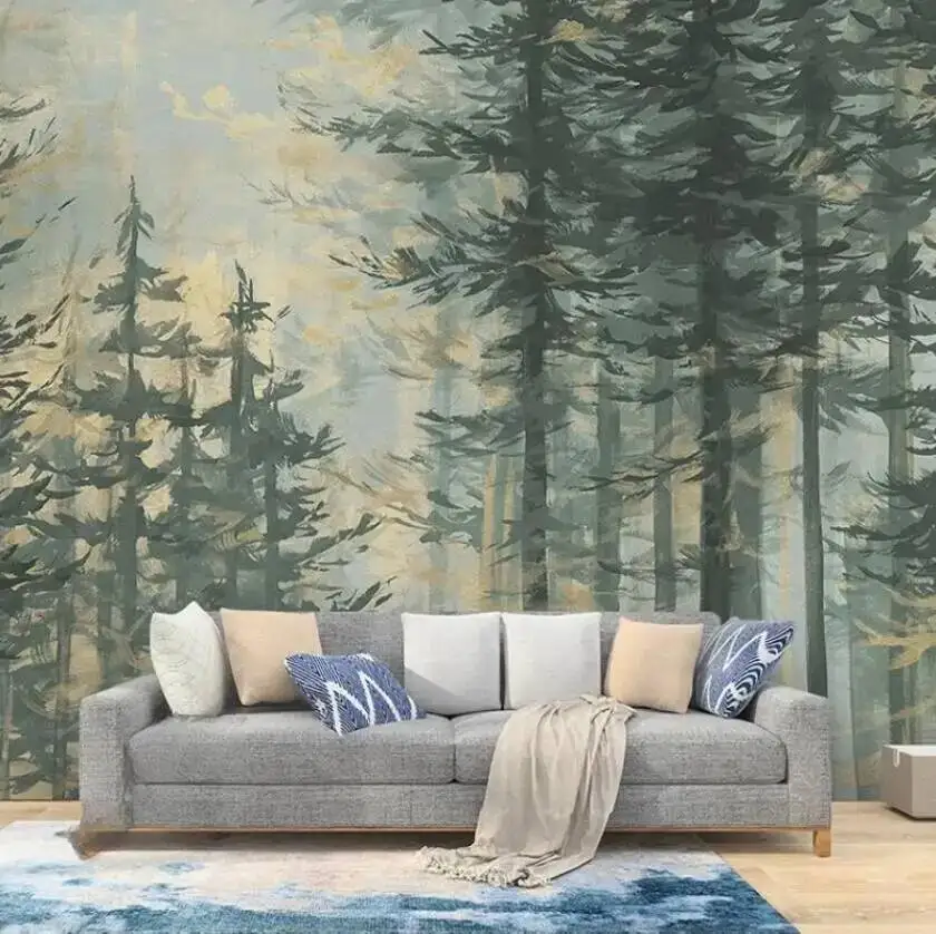 Custom Mural Wallpaper Oil painting of Pine Forest Landscape Living Room Bedroom Self-Adhesive Waterproof Papel De Parede