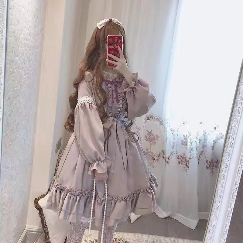 2021 Spring Autumn Dress Women Harajuku Pink Ladies Ruffle Lace Patch Kawaii Dresses Lolita Cosplay Sweet Loose Vestidos