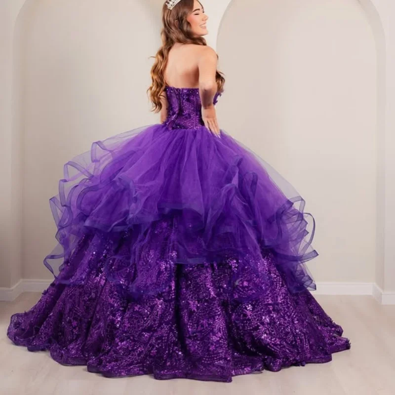 Gaun Quinceanera Ungu Tua Khusus Model Off Shoulder Payet Bunga 3D Ekor Panjang Vestido 15 Quinceanera