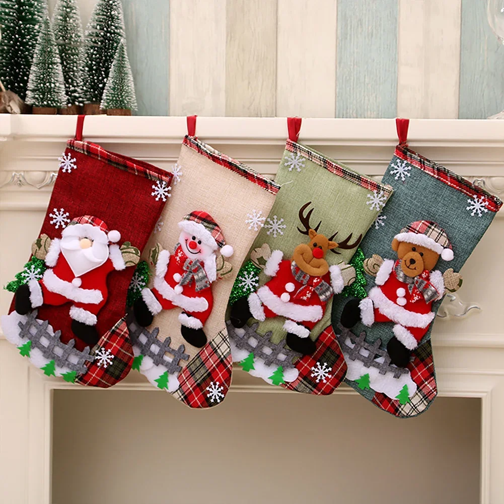 4Pcs Christmas Stockings Set Large Capacity Christmas Ornament Sock Plush Santa Claus/Snowman/Bear/Elk for Home Classroom Party