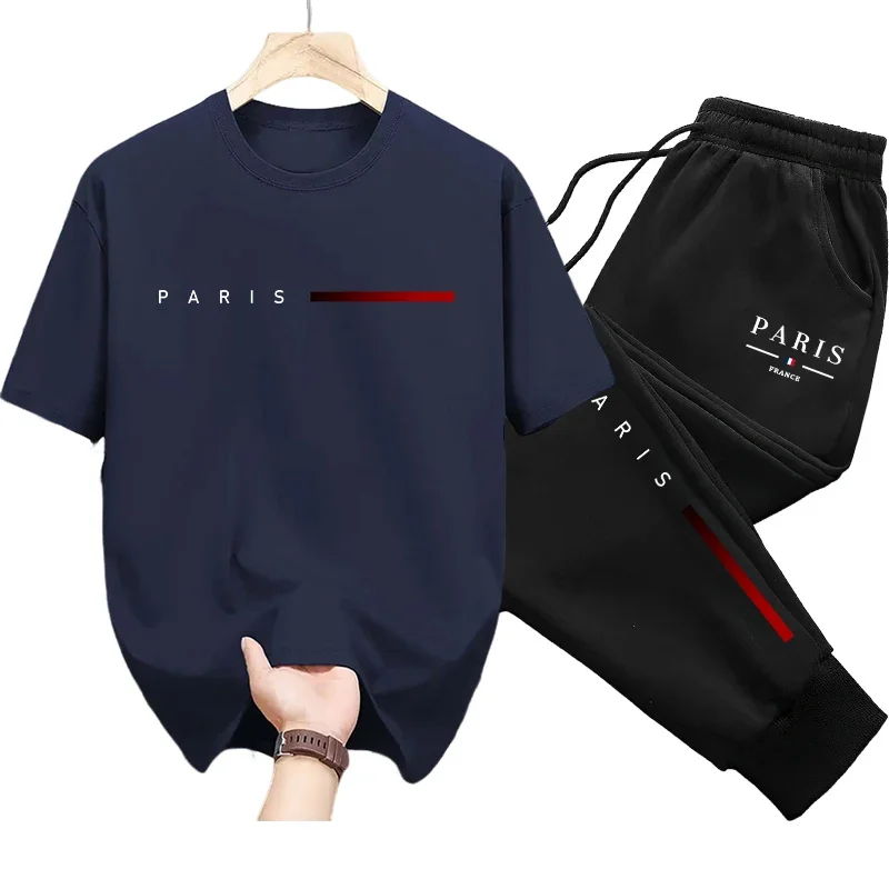 

2025 New Arrival Men's O-neck T-shirt Sweatpants Urban Fashion Paris Print Tees 2 Piece Set Home Outdoor Casual Sporty Outfits