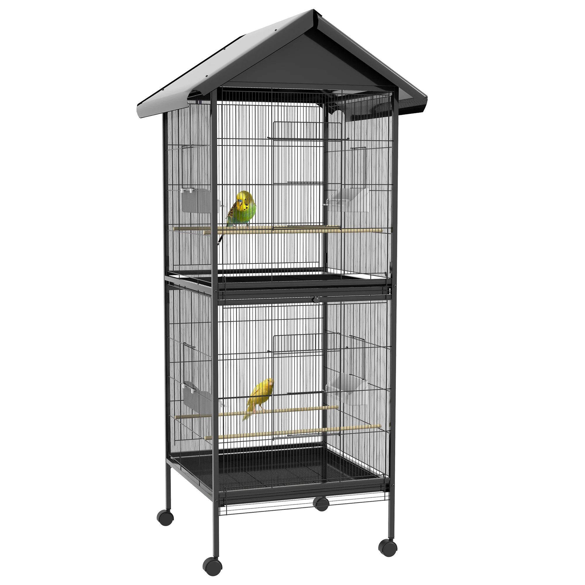 PawHut 2 in 1 large 2-story Birdcage Convertible single cage with wheels 4 feeders 4 hangers and removable trays for parrot Canary 78x75x168 cm black