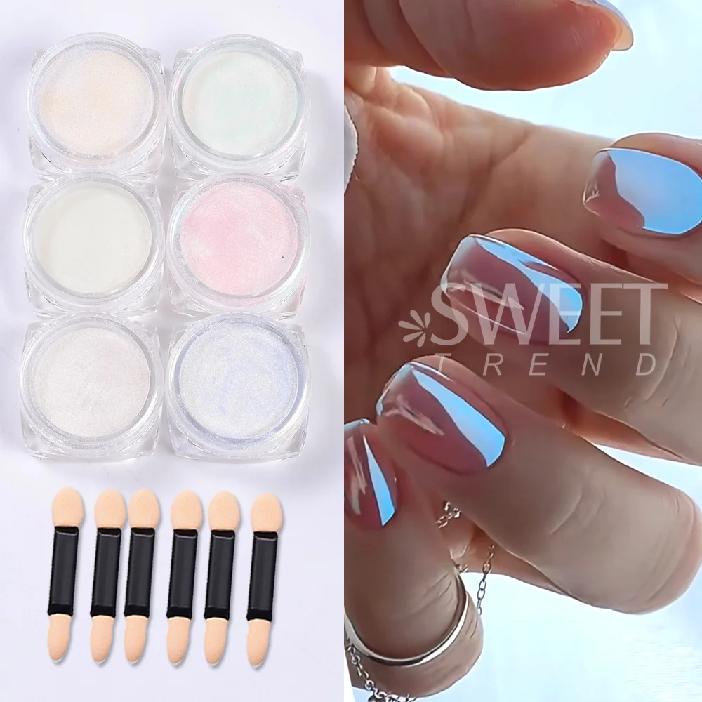 SWEET TREND-6pcs Aurora Pearl Rainbow Chrome Nail Powder Clear White Moonlight Nail Powder Pigment Rubbing Dust Nail Supplies