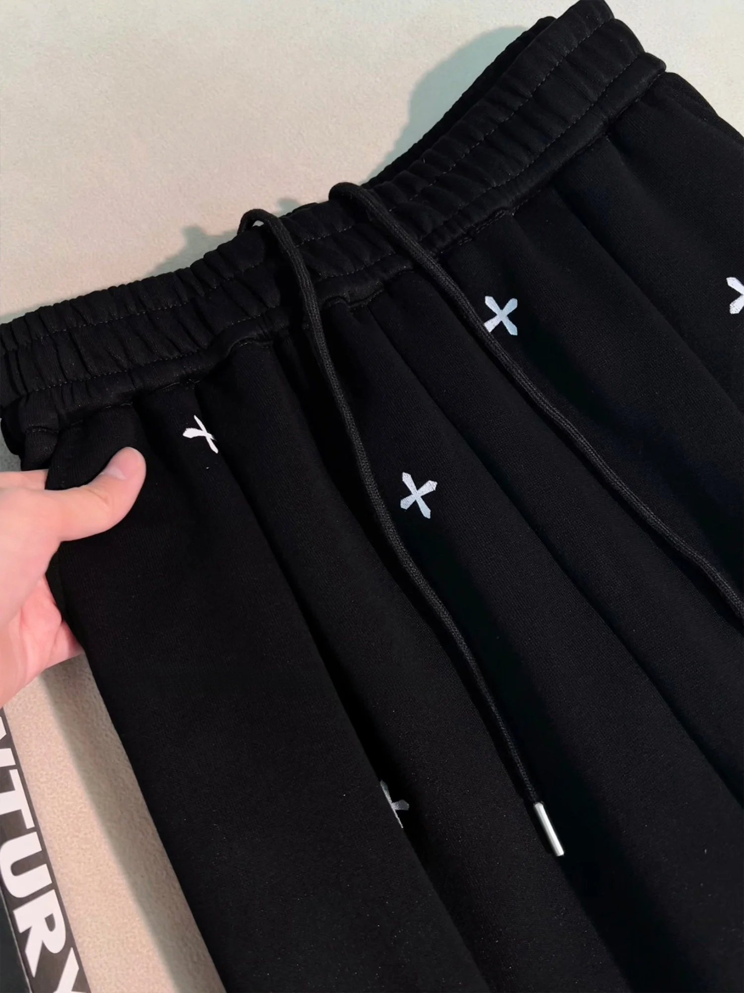 American Style Black Cross Print Men's Straight Leg Casual Pants Heavy Dyeing Loose Fit Sports Long Trousers Spring Season