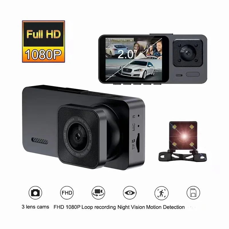 Black Box Camera for Car With WiFi Dashcam Dash Cam Night Vision 3-Channel Dvr Reversing Video Motion Detection  Loop Recording