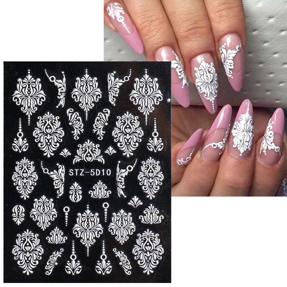 5D acryl reliëf stickers voor nagels besneeuwde witte bloem kant nail art sliders decoratie gesneden stickers manicure tips BESTZ-5D