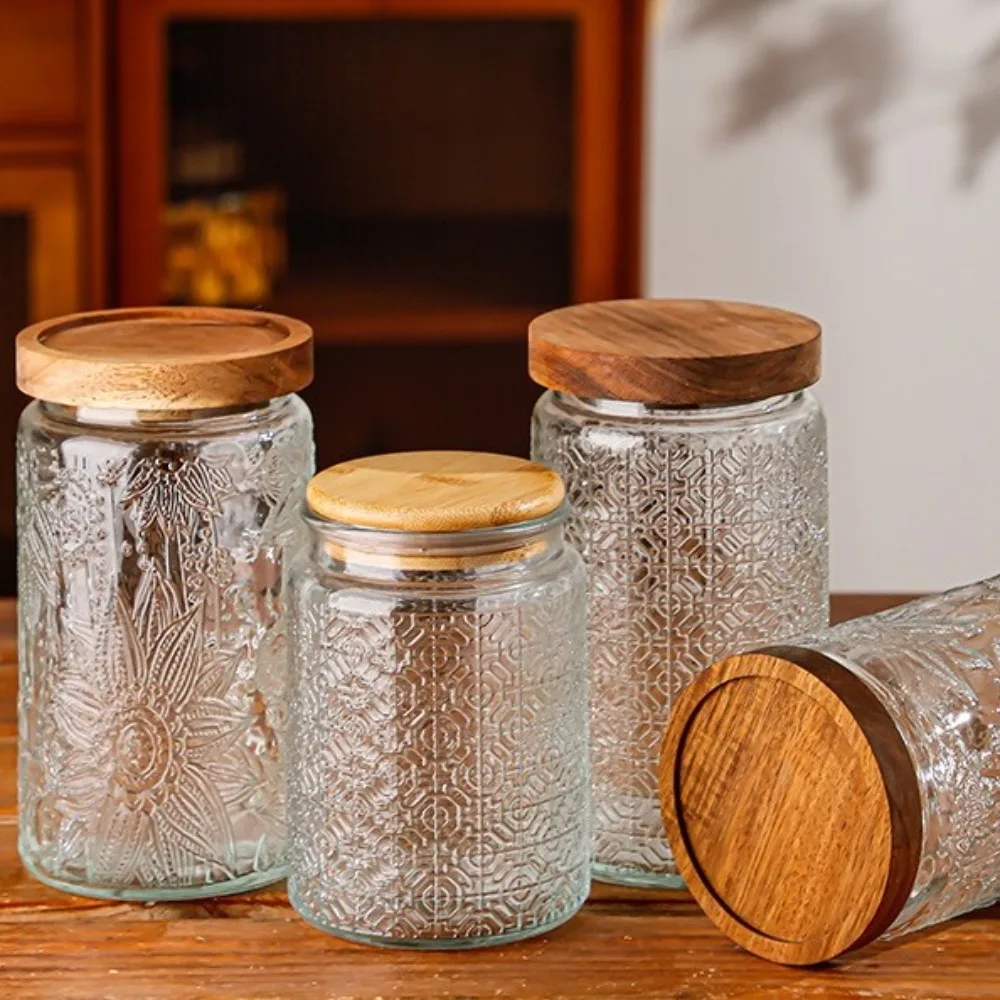 1000ML Storage Bottles Jars Embossed Pattern with Wooden Lid Food Storage Containers Begonia Glass Airtight Canister Tea Coffee