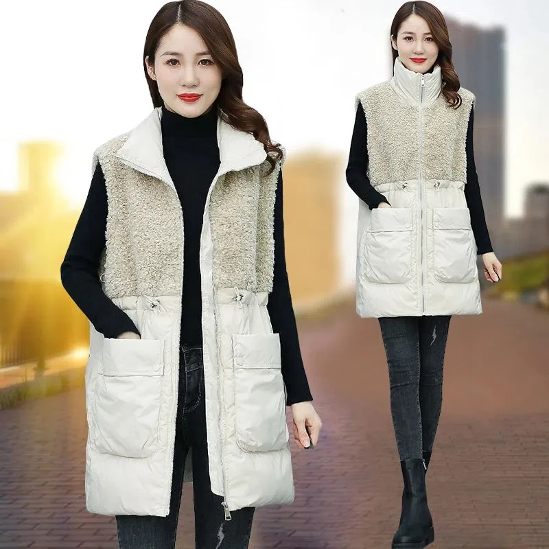 Lamb Wool Stitching Vest Women Jacket Sleeveless Pocket Drawstring Waistcoat Autumn Winter Fashion Warm Mid-Length Chaleco Mujer