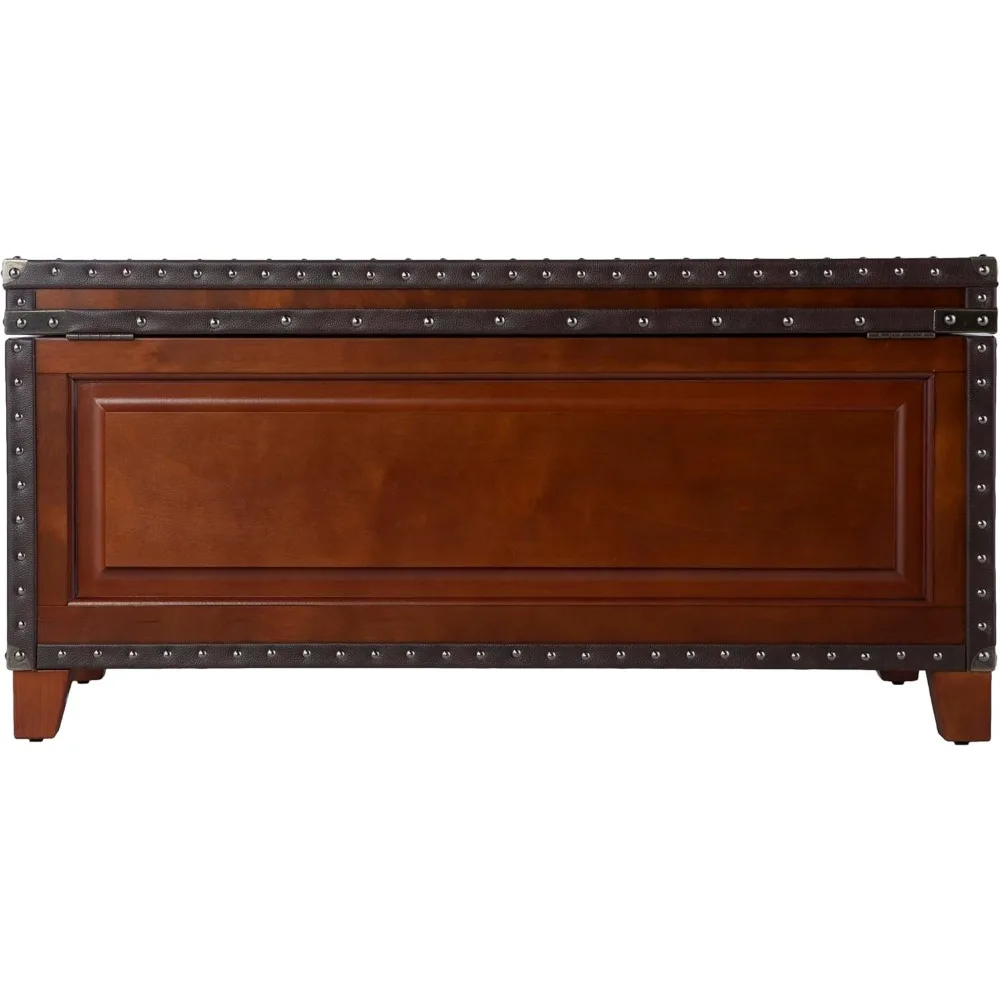 طاولة قهوة Amherst Trunk مع جلد صناعي وحواف رأس الأظافر، كرز داكن/اسبريسو/برونز عتيق