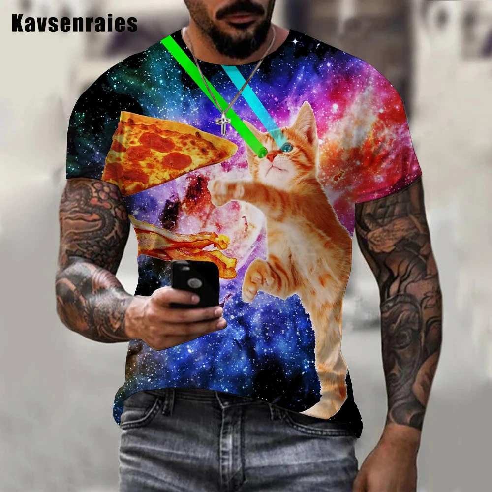 New Galaxy Space Colorful 3D T-shirt Lovely Animal Cat Eat Taco Pizza Printed T Shirt Men Women Hip Hop Fashion Casual Tops