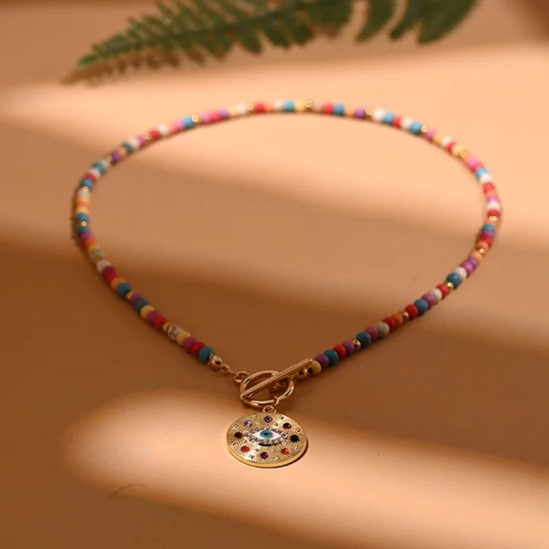 Colorful Stone Bead Choker Necklace for Women Stainless Steel Chain Fashion  Evil Charm  Daily Jewellery Accessories Gift