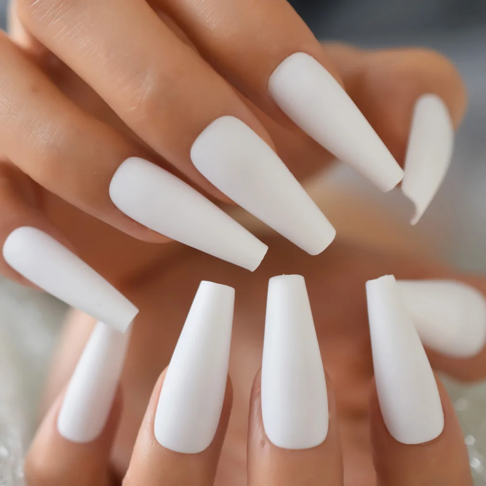 Super Long Fake Nails Coffin Matte White Press on Nails Ballerina Acrylic False Nails Tips Cosplay Party Salon Office Lady Girls