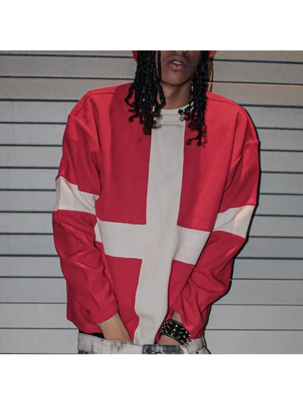 Retro Punk High Street Gothic Cross Print Hip Hop Long Sleeve Top for Men Trendy Street Fashion Versatile American Style
