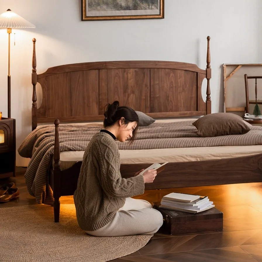 

Customizable American all solid wood retro double bed French cherry wood large backrest master bed