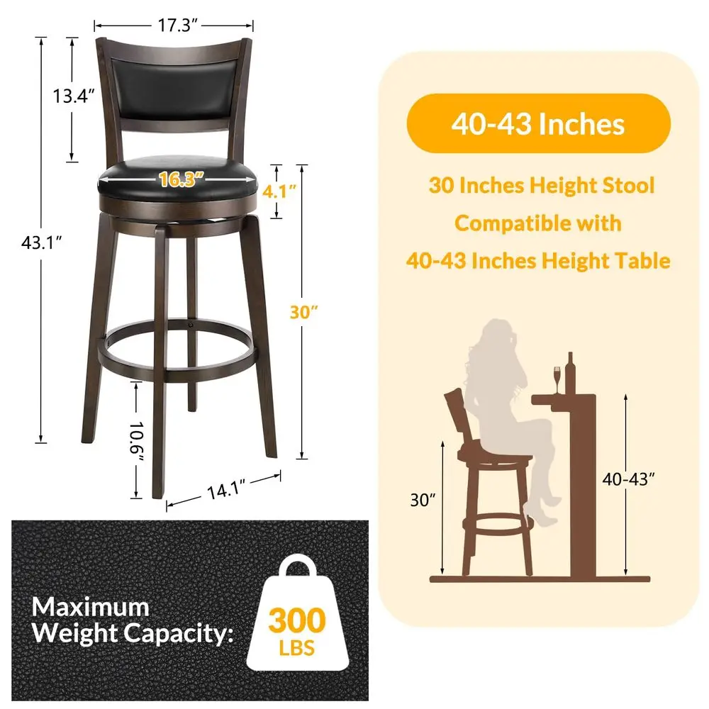 

Набор из 2-х поворотных барных стульев, барные стулья высотой 30 дюймов, черные барные стулья из искусственной кожи с высокой спинкой и ножками из массива дерева.