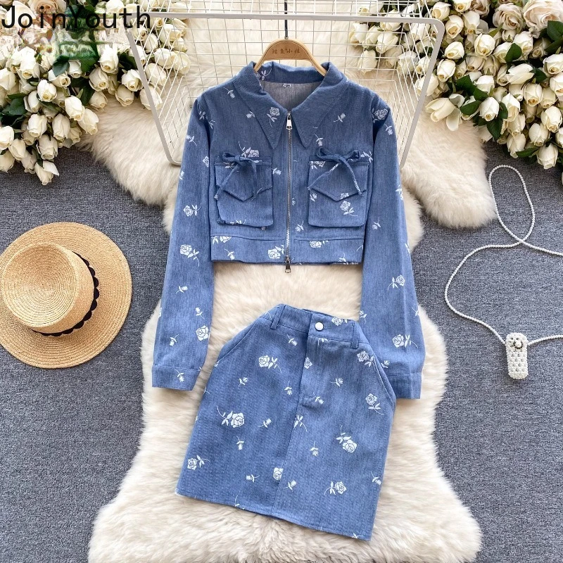 Denim Two Piece Sets for Women Vintage Print Long Sleeve Zipper Cardigan Y2k High Waist Bodycon Skirts Roupas Femme Korean Set