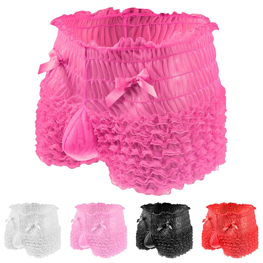 Sexy Men Trunks Ruffled Lace Girly Briefs Sissy Feminization Crossdress Underwear U-Convex Pouch Lingerie Man Underpants Panties