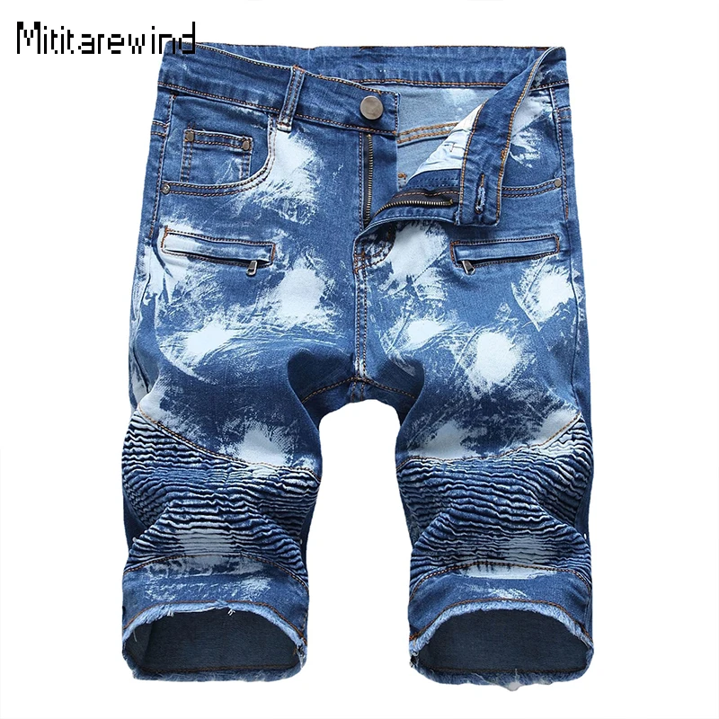 Fashion Men's Summer Pants Y2k Streetwear Motorcycle Slim Shorts Jeans Mid-stretch Pleated Denim Shorts Youth Causal Short Pants