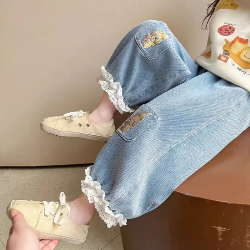 Girls' Jeans 2026 Spring New Collection, Women's Treasure Cartoon Casual Pants, Children's Lace Leg Tights