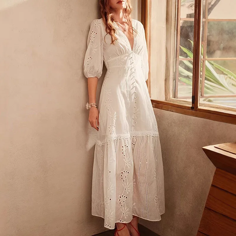 Sommermode Hochgeschnittenes Damenkleid für Büro und Freizeit Elegantes Einfarbiges Abendkleid V-Ausschnitt Ausgehöhltes Plissiertes Maxikleid