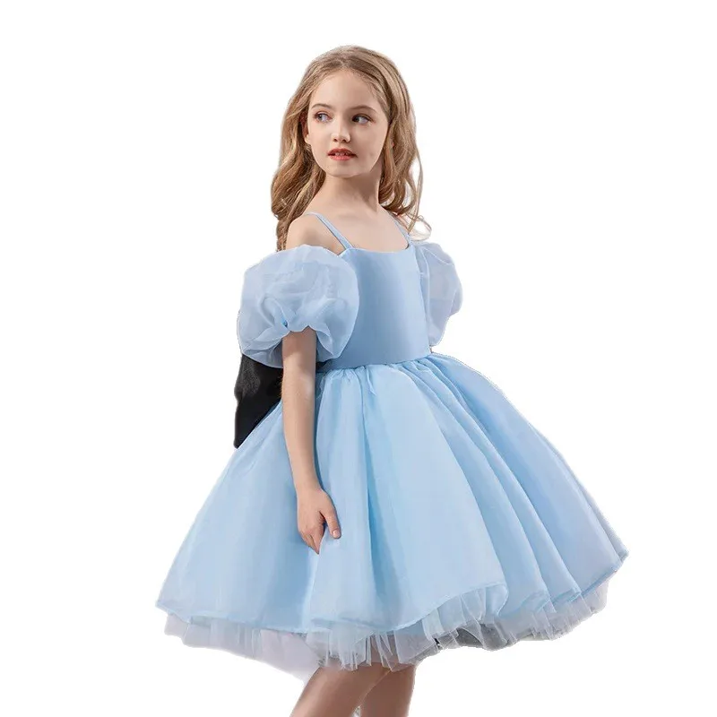Maßgeschneidertes Elegantes Prinzessinnen-Kleid mit Schulterfreiem Design für Babymädchen-Geburtstagsfeier Ballkleid mit Puffärmeln Tüll Große Schleife Blumenmädchenkleider – Detail 4