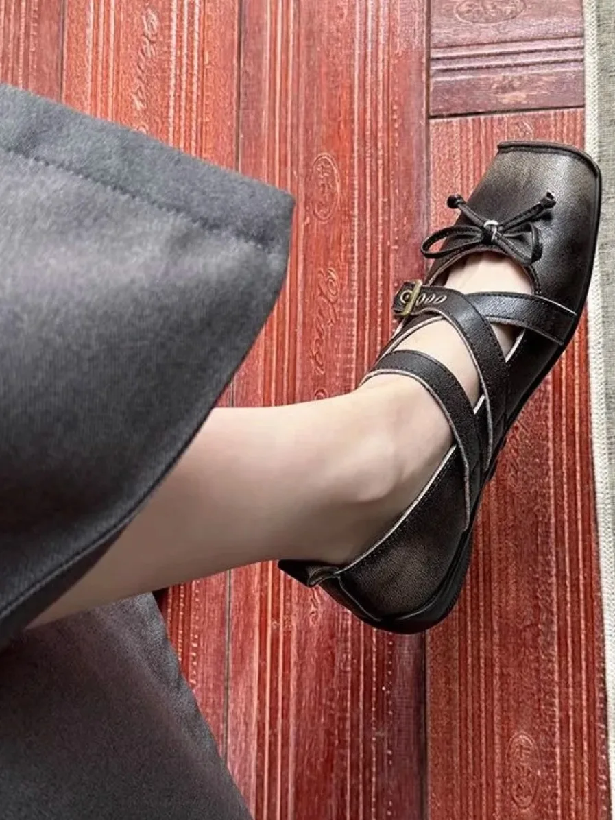 

Retro Knot Ballet Flats Women's Spring New Sle Low Cut Square Head Pig Nose Flat Heel oes Faionable Casual Sn...