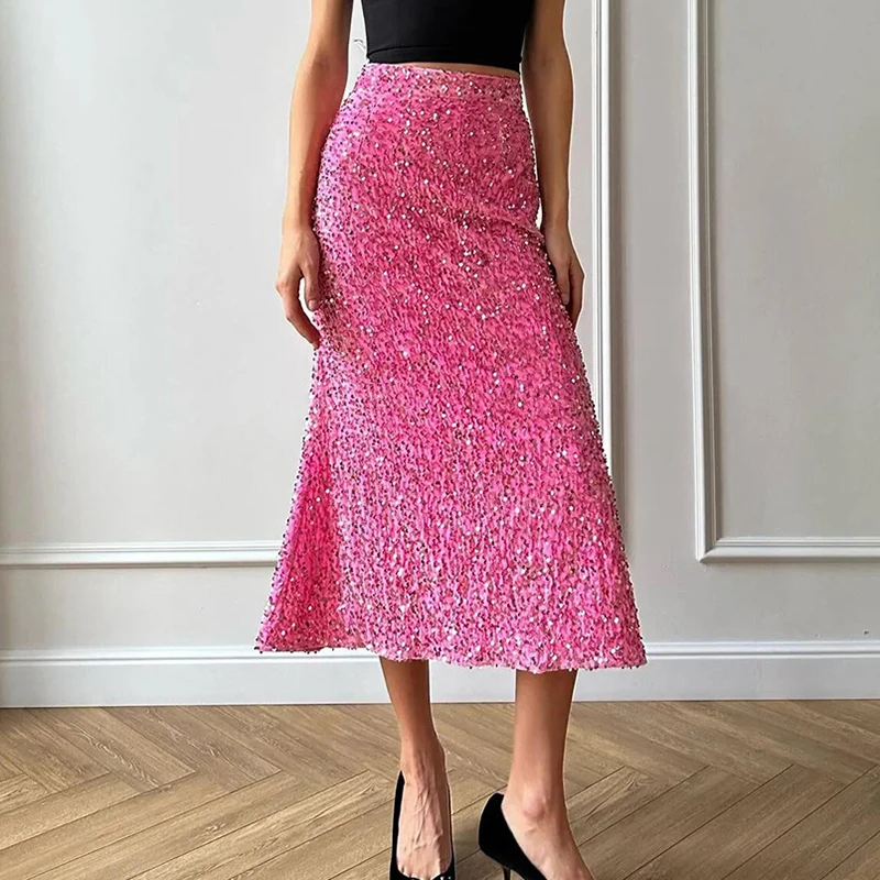 Ladies Casual Shiny Sequin Slim A-line Skirt New Autumn Winter Elastic Waist Wrap Hip Skirt Elegant Temperament Banquet Skirts