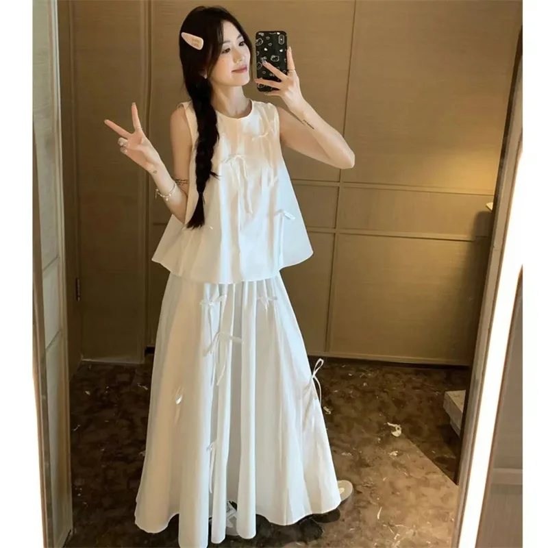 Sweetly Women's Summer Suits Design Three-Dimensional Bow With Loose White Sleeveless Shirt And High Waisted Skirt Two Piece Set