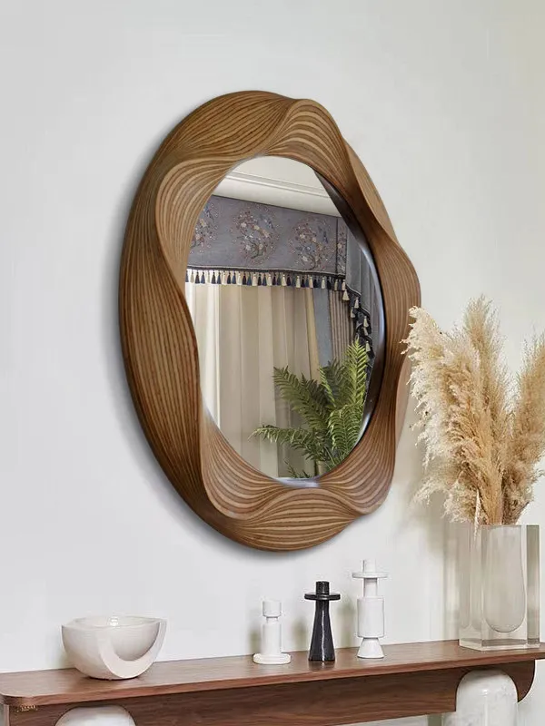 American retro alien shape wooden bathroom mirror wall-mounted anti-fog LED light touch control toilet mirror