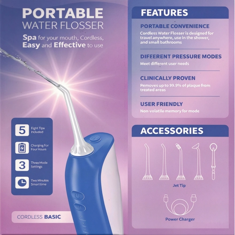 Portable Water Flosser Cordless Oral Irrigator, 3 Modes IPX7 Waterproof Dental Water Jet, Rechargeable Teeth Cleaner with 5 Replacement Jet Tips for Travel Home