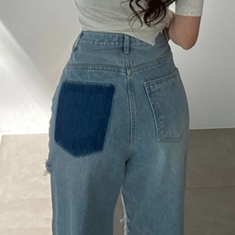 Jeans de Pierna Recta de Cintura Alta Es, Diseño con Bolsillos de Botones, Mezclilla da, Versátiles, Jeans de Temp...