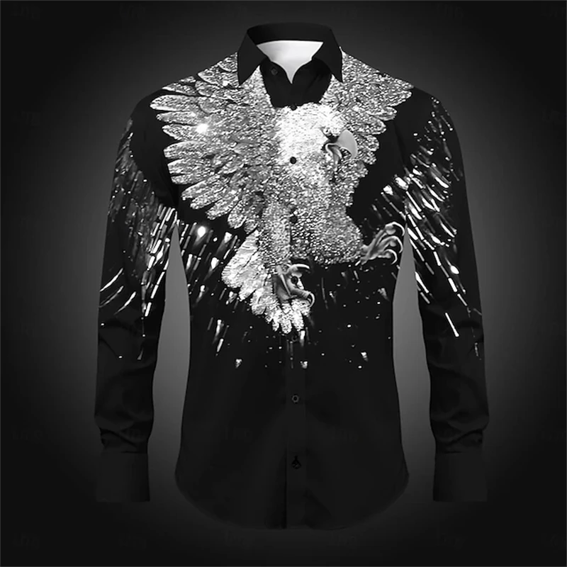 2026年メンズファッション長袖シャツ秋新作イーグルプリントラペルシャツメンズアウトドアカジュアルストリート撮影旅行シャツ