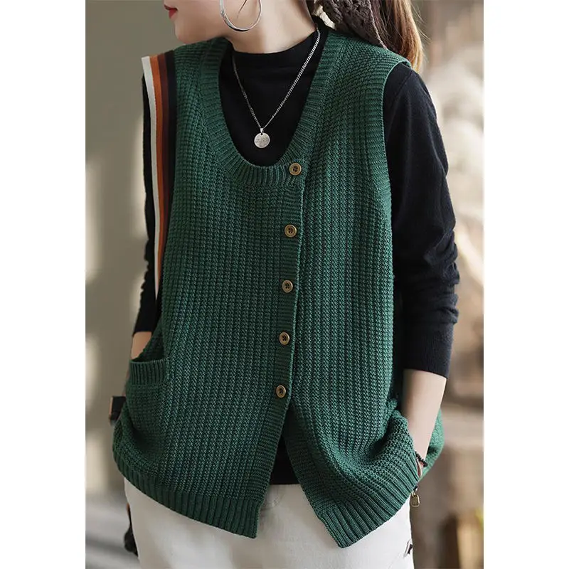 Retro Round Neck Vest Women\'s Spring and Autumn 2023 New Loose Solid Large Cardigan Sleeveless Knitted Tank Top