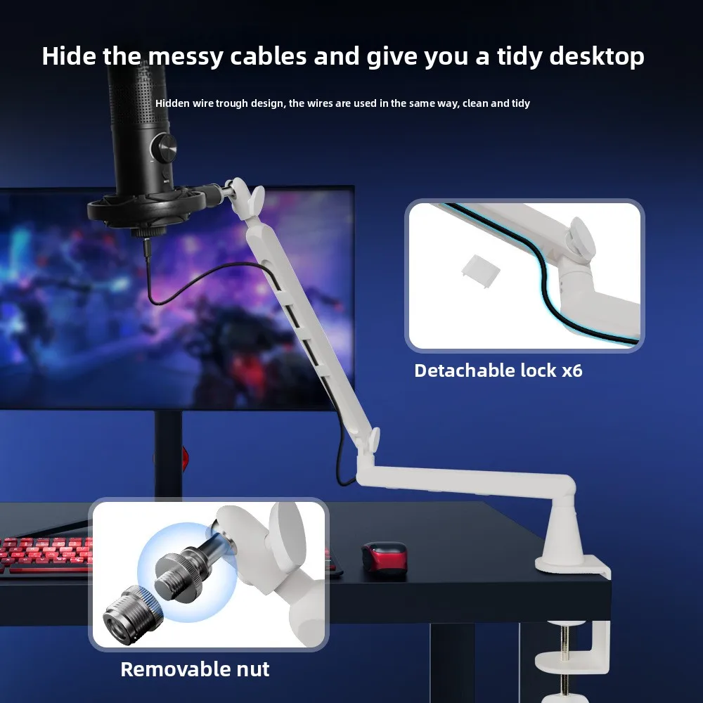 White Desktop Microphone Stand Boom Arm Universal Anti-Shake for Mic Phone Tablet Video Recording Vlogging