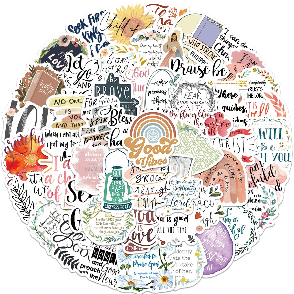 10/30/50pcs Cartoon Jesus Motivational Phrase Stickers Bible Verse Faith Decals Luggage Skateboard Phone Decoration Sticker Pack