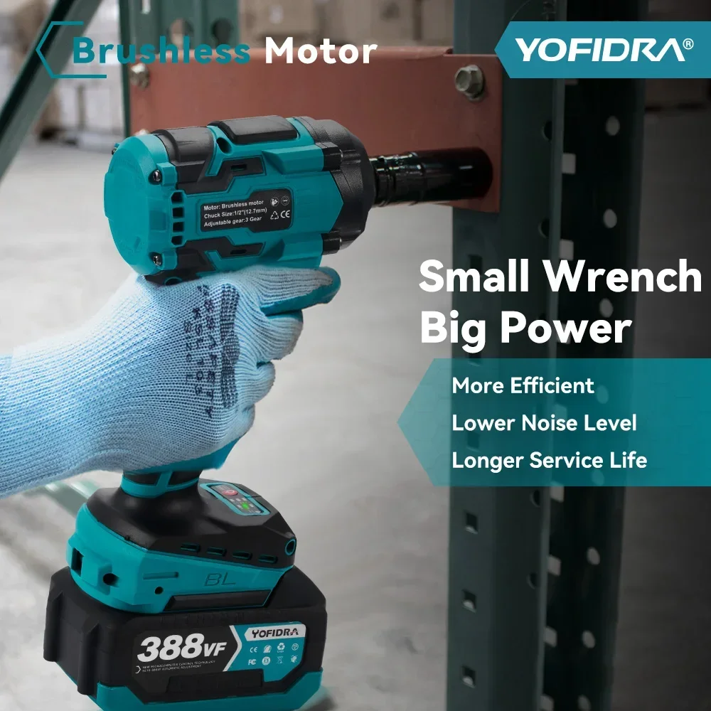 YOFIDRA 1000N.m Brushless Electric Impact Wrench 3 Gears 1/2 inch Cordless Electric Screwdriver Drill For Makita 18V Battery