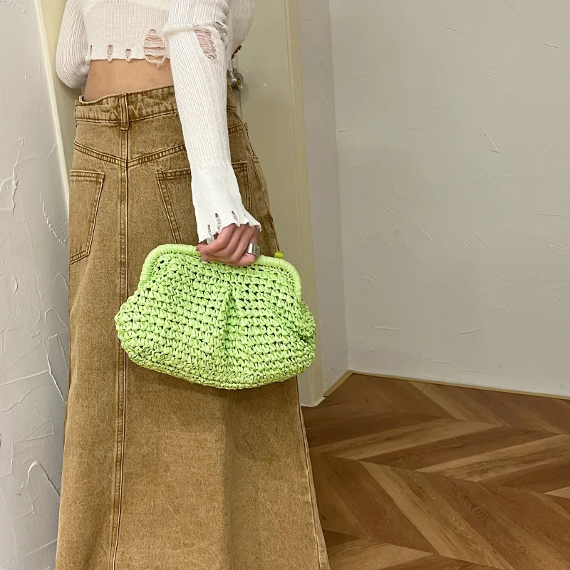 Summer Fashion Women Clip Clutch Bag Straw Weave Wallet Ladies Chain Shoulder Crossbody Bags Hot Pink Beach Bags Small Handbag