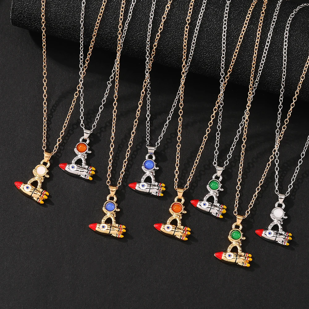 Funny Cartoon Spaceman And Rocket Design Shaped Necklace Cute Astronaut Cosmonaut Pendant Chain