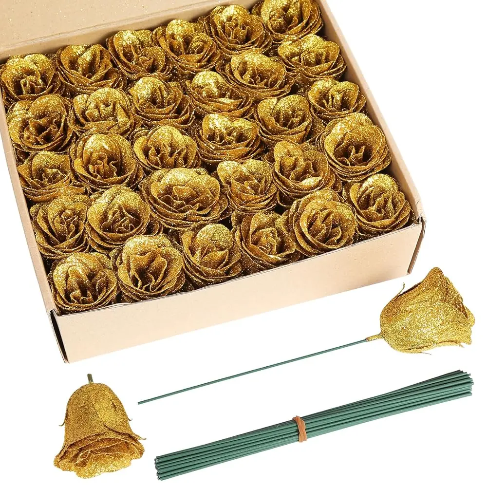 

Золотые розы, 30 шт., блестящие золотые цветы, искусственные розы с стеблями для поделок, свадебных букетов, декора для вечеринок и дома (золото)