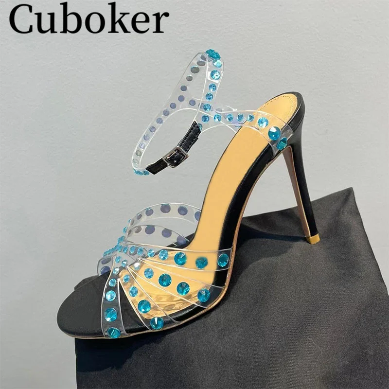 

Designer Brand PVC Crystal Open toe High Heels Sandals Ankle Strappy Party Dress Shoes Ladies Summer Bridal Shoes Wedding Shoes