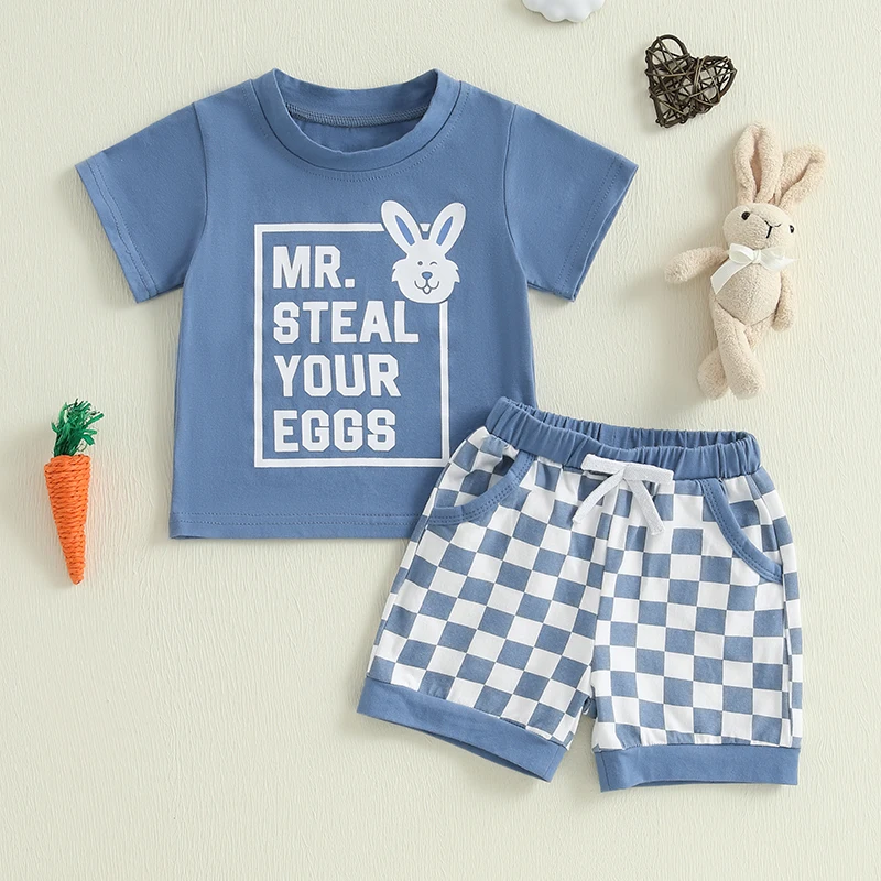 2024-12-17 Lioraitiin 6M-4Y Summer Toddler Baby Boy Easter Outfit Letter Bunny Short Sleeve T-shirt Checkered Shorts Set