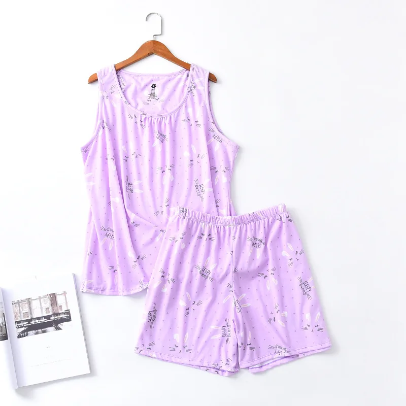 Summer Female Casual Pajama Sets Ladies 100% Cotton Sleepwear Suit Women Sleeveless Vest Shirt & Shorts Plus Size Home Suit